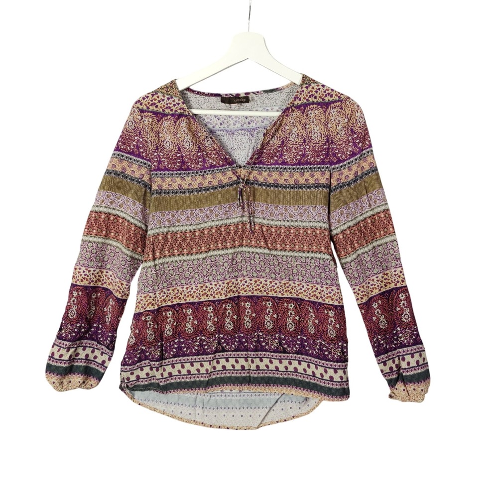 Crosby Paisley Peasant V-Neck Bishop Sleeve Boho Cottage Top Purple Womens M